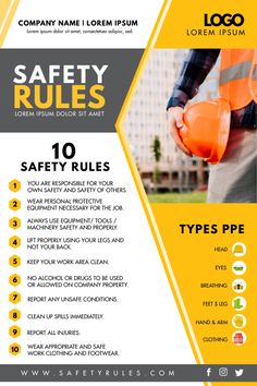 safety rules for construction workers in yellow and gray colors with the words safety rules on it