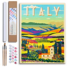 an italian poster with markers, pencils and paintbrushes next to it on a white background