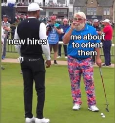 an old man standing on top of a green field next to a golf ball holding a club