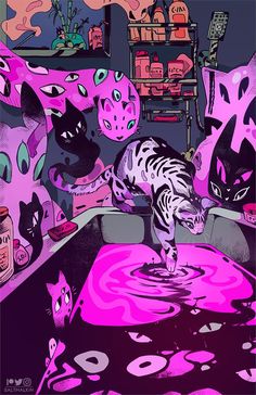 a painting of cats drinking water from a sink in a room with pink and purple colors