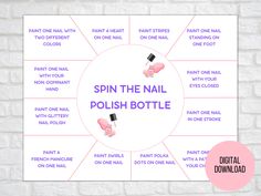 "Are you hosting a spa party, manicure party, pedicure party, pajama party, pamper party, or sleepover? Are you searching for a fun party game for your next event? Well, look no further. This spin the nail polish bottle game will entertain guests at your next spa party game, slumber party, sleepover, pajama party or birthday party. It will turn your next get together into an extra special event. This spin the nail polish bottle game will be sent as a pdf to digitally download and print immediate Spa Party Free Printable, Nail Polish Game Spin The Bottle, Manicure Party, Spa Party Activities, Pedicure Party, Nail Polish Party, Party Manicure, Slumber Party Activities, Makeup Birthday Party