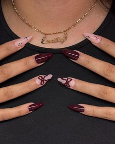 Winter Nails Burgundy, Gryffindor Nails, Red Burgundy Nails, Maroon Nail Designs, Burgundy Nail Art, Burgundy Acrylic Nails, Fall Season Nails, Nails Burgundy, Nails Coquette