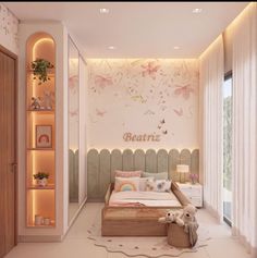 a child's bedroom decorated in pastel colors