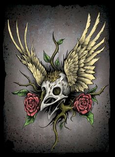 an image of a skull with wings and roses