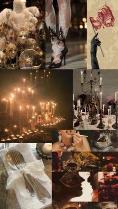 the collage shows many different pictures with candles and other things in them, such as glassware