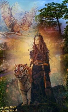 a woman standing next to a tiger and an eagle