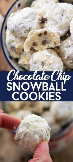 chocolate chip snowball cookies in a bowl with text overlay that reads, chocolate chip snowball cookies