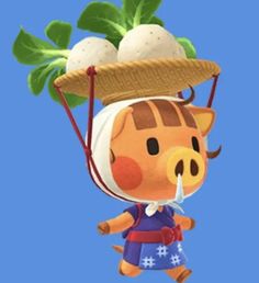 an animal with a straw hat on its head is floating in the air above another animal