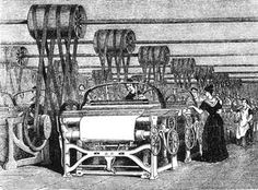 an old drawing of people working in a factory with large machines on each side of the room