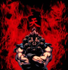 an image of a man with his arms crossed in front of red flames and black background