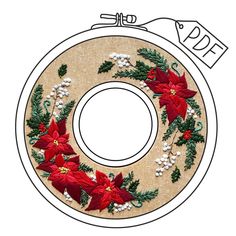 a christmas wreath with poinsettis and holly on the bottom is drawn in white paper