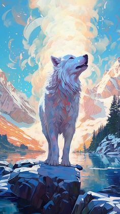 a painting of a white wolf standing on top of a rock in front of a lake