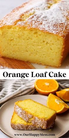 an orange loaf cake with powdered sugar on top, and sliced up in slices