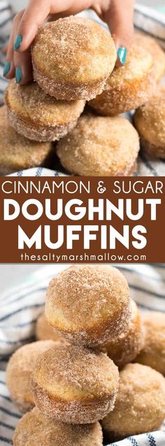 cinnamon sugar doughnut muffins stacked on top of each other with text overlay