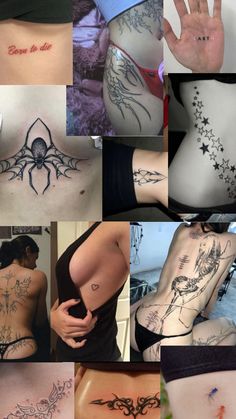 many different tattoos on the back of women's bodies and hands are shown in this collage