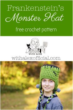 a young boy wearing a knitted monster hat with text overlay that reads, franklin's monster hat free crochet pattern