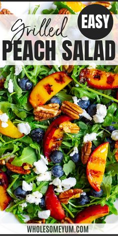 Grilled Peach Salad Spinach Nectarine Salad, Salad With Peaches And Goat Cheese, Kale Salad With Peaches, Peaches Salad Recipes, Brussel Sprout Peach Salad, Peach And Baratta Salad, Healthy Late Summer Meals, Salad To Pair With Salmon, Peach Salad With Chicken