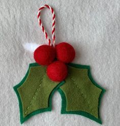 a felt ornament with two red and green pom - poms hanging from it's side