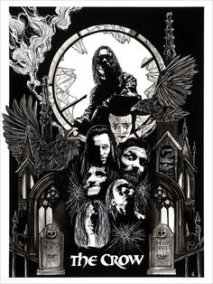 a black and white poster with an image of the crow