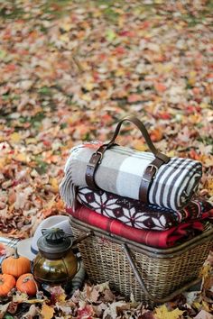 a basket filled with blankets sitting on top of leaves