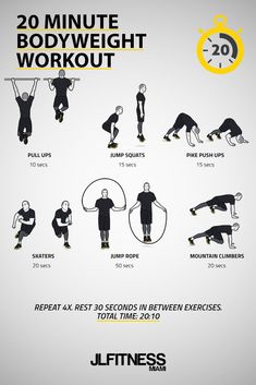 the 20 minute bodyweight workout poster shows how to do it in less than 30 minutes