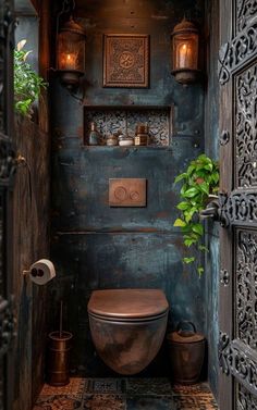 a bathroom with a toilet and potted plants in it