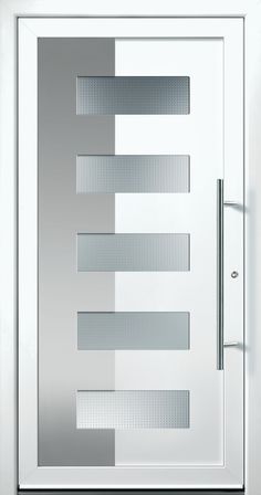 a white door with metal bars on the front and side panels, as well as a handle