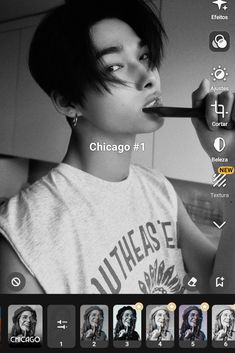 a black and white photo of a person brushing their teeth with the chicago 1 app