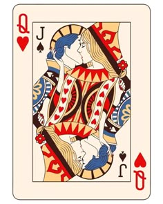 the queen of hearts playing card is shown in red, white and blue colors with two women facing each other