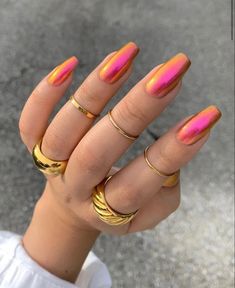 Tequila Sunrise Nails, Sunset Chrome Nails, Sunrise Nails, Sunset Nails, August Nails, Gold Nail Polish, Prom 2024, Amazing Nails, Chrome Nail