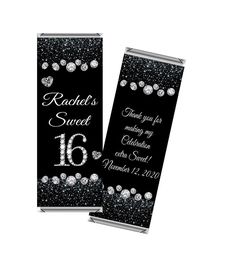 two black and white banners with silver glitters on the front, one says rachel's sweet 16