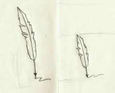 an open book with two drawings of feather quills on the pages and one drawing of a pen