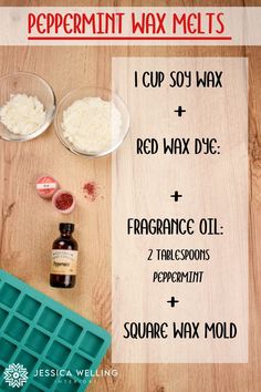 ingredients to make peppermint wax melts on a wooden table with text overlay