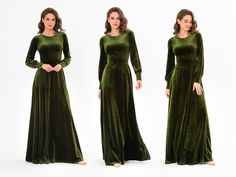 three different views of a woman in a long green dress with short sleeves and an open back