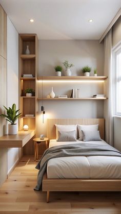 a bed sitting in a bedroom next to a window with bookshelves above it