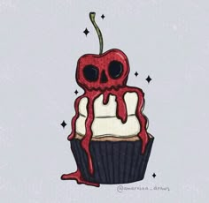 a drawing of a cupcake with a cherry on top and a skull face sticking out of it