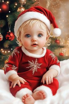 a painting of a baby wearing a santa claus hat sitting in front of a christmas tree