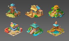 the different types of buildings and structures in low poly style, including a water slide, playground