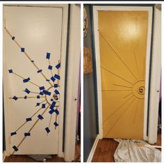 two pictures side by side of a yellow door with blue arrows painted on the front