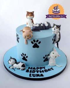 a blue birthday cake with cats and dogs on it