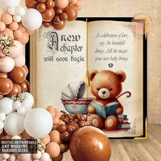 an open book with balloons surrounding it and a teddy bear