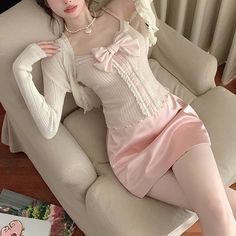 Home 💜 sugarplum · y2k, coquette, egl, cosplay fashion and home decor store 💜 Powered by Storenvy Korean Spring Outfits, Satin Cardigan, Pink Satin Skirt, Girls Spring Outfits, Outfits Nyc, Outfits New York, Cardigan Pink, Italy Outfits, Lace Camisole