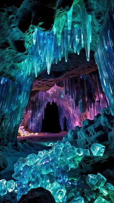 an ice cave filled with lots of blue and green icicles on the ceiling, surrounded by rocks and water