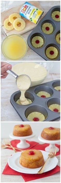 the process for making pineapple cupcakes is shown in three different stages, including baking