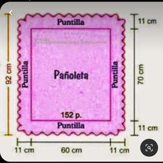 a pink square with the word panoleta on it and measurements for each square