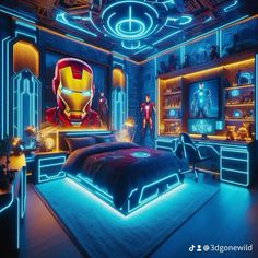 a bedroom decorated in blue and yellow lights with iron man head on the wall above the bed