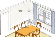 a drawing of a dining room table and chairs with measurements on the wall above it