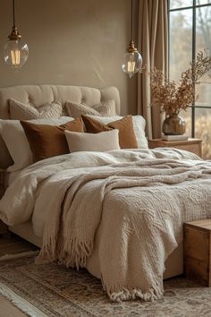 a large bed sitting in a bedroom next to a window with two lamps hanging above it