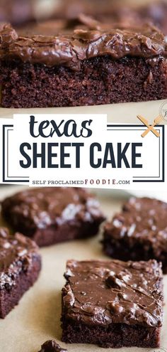 brownies with chocolate frosting on top and texas sheet cake in the bottom right corner