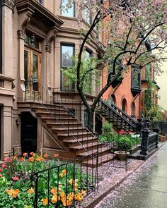 a row of browns houses with flowers in the foreground and stairs leading up to them